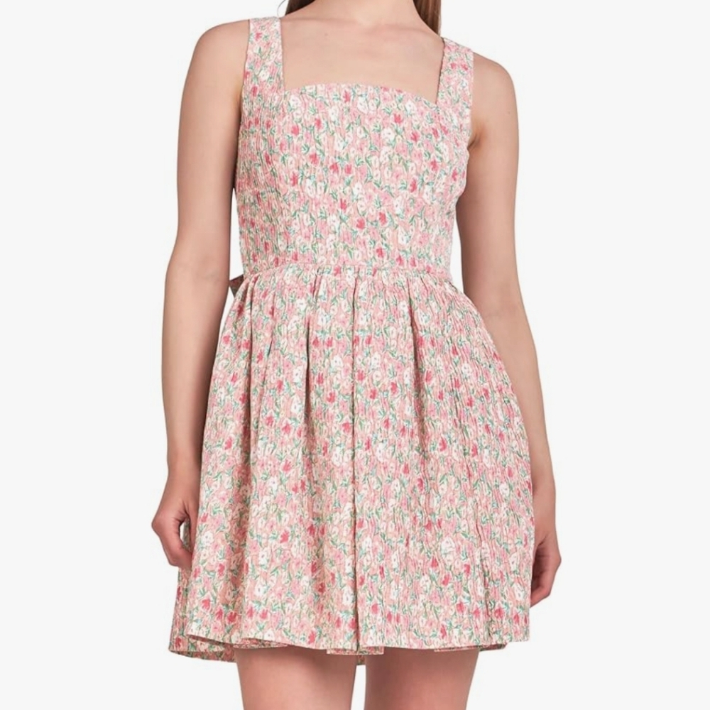 NWT endless rose Floral Textured Bow Tie Mini Dress
